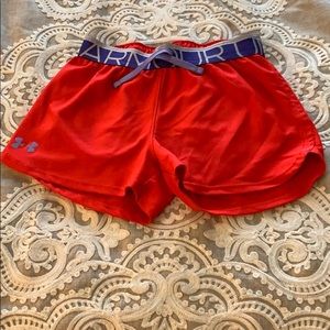 Orange, red under armour shorts